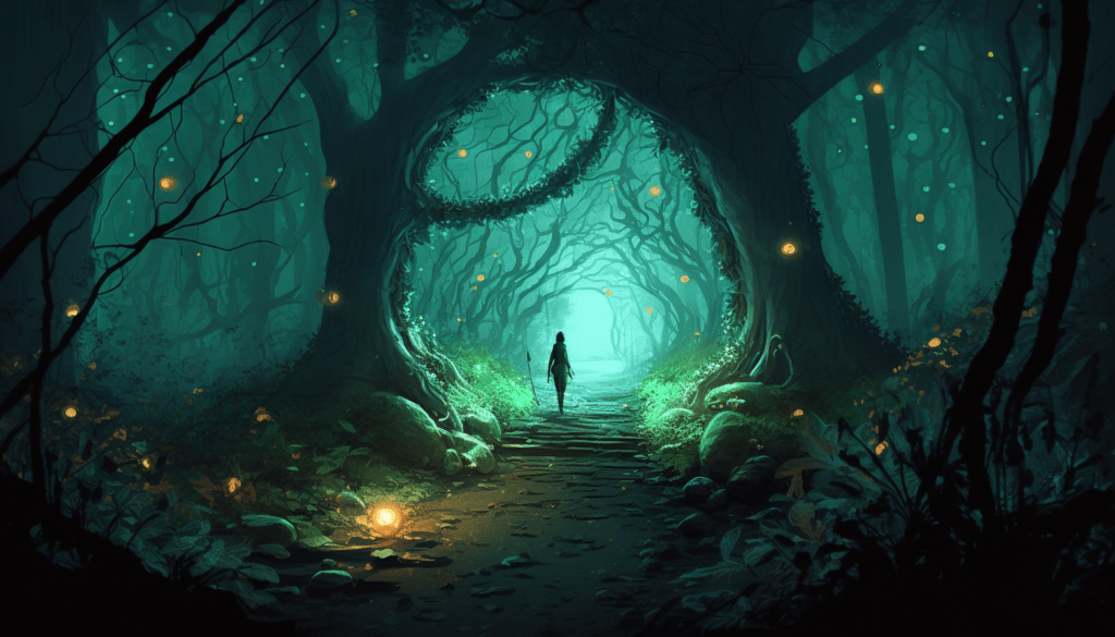 AI art from Frank Deardurff showing a walk through a magical drean forest