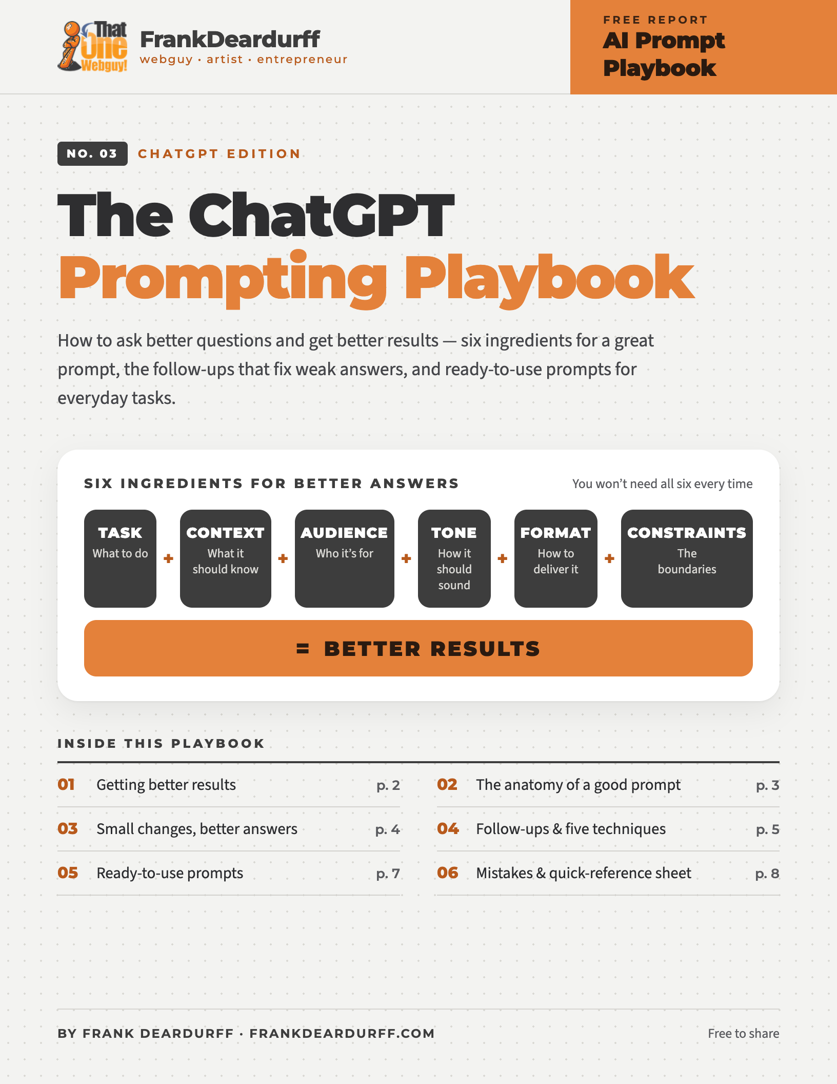 Cover of The ChatGPT Prompting Playbook, a free PDF guide by Frank Deardurff