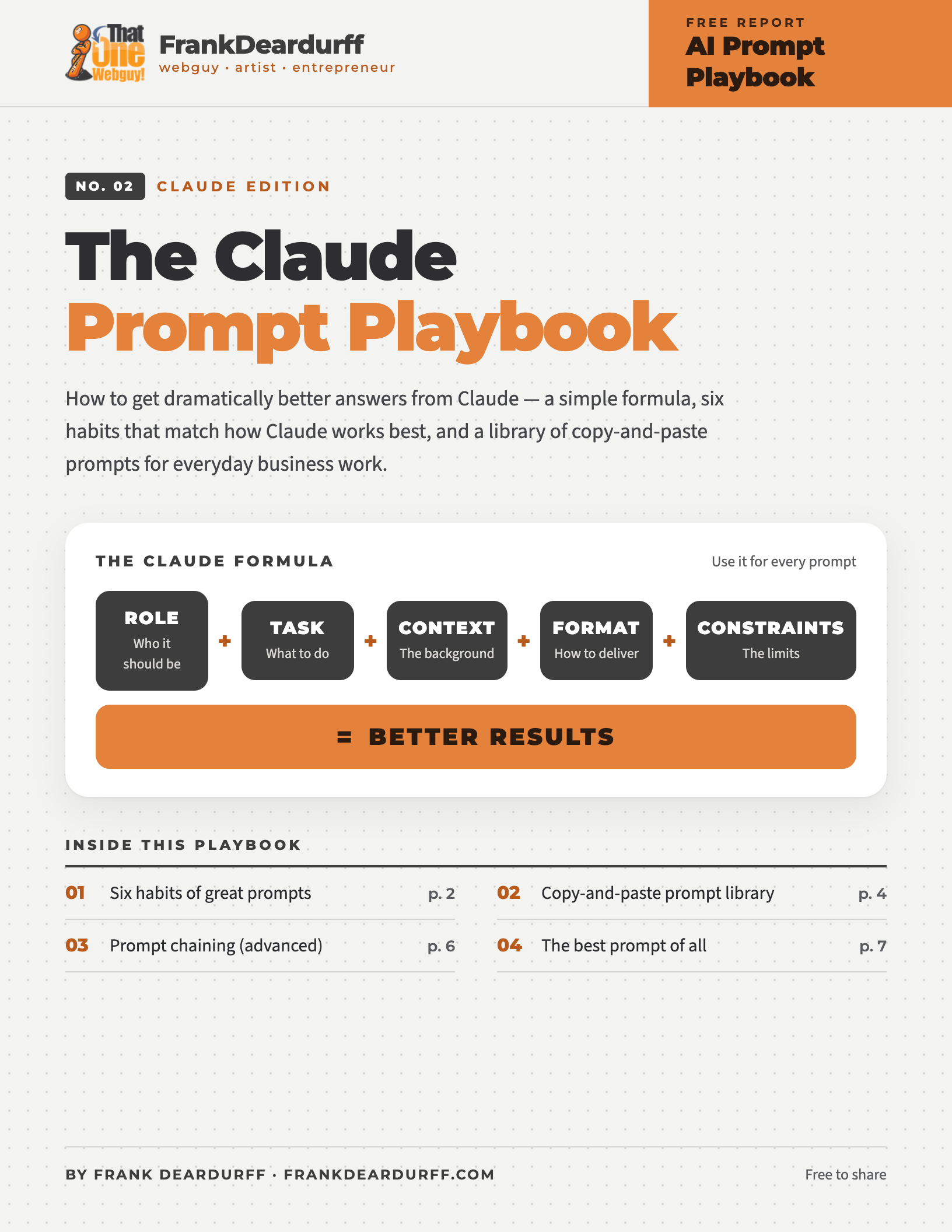 Cover of The Claude Prompt Playbook, a free PDF guide by Frank Deardurff