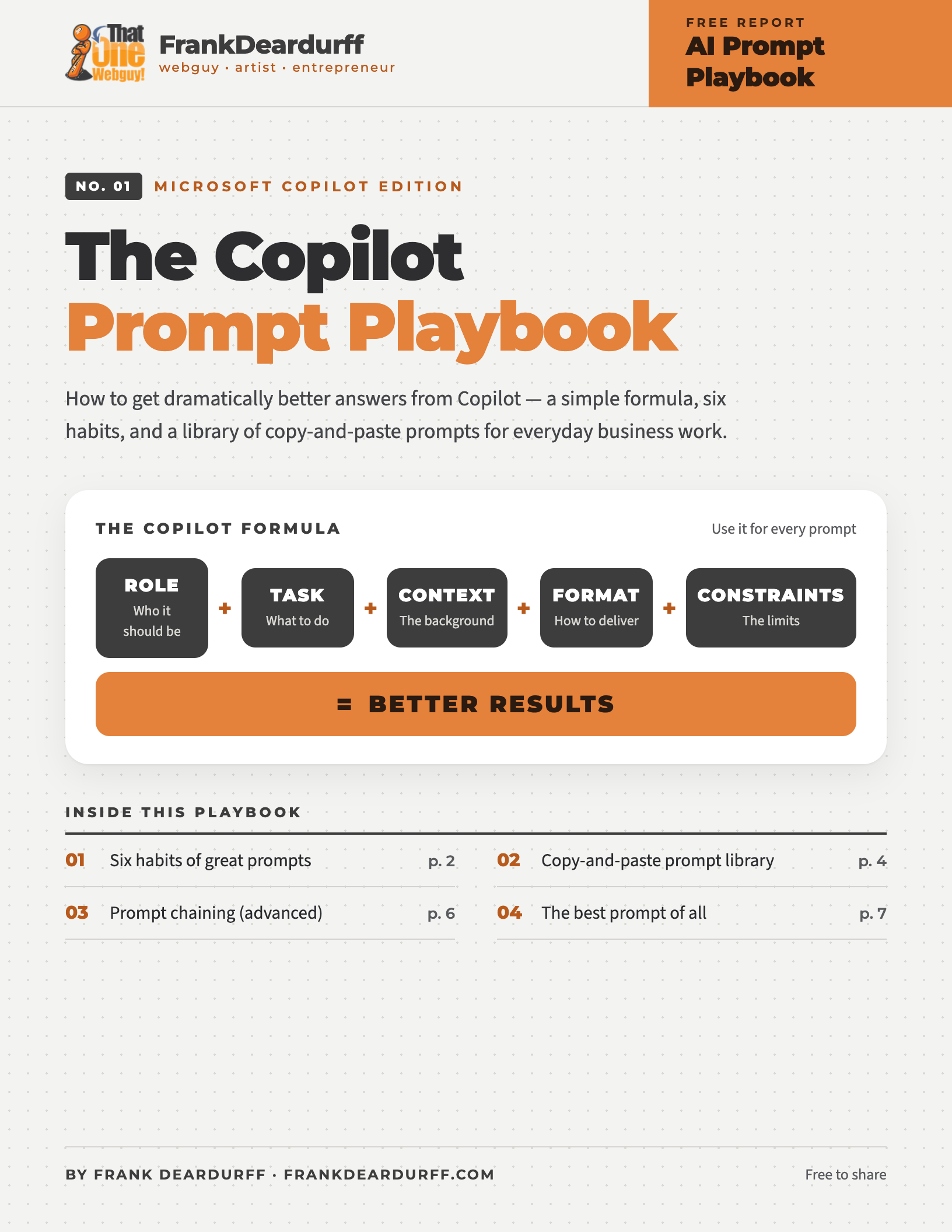Cover of The Microsoft Copilot Prompt Playbook, a free PDF guide by Frank Deardurff