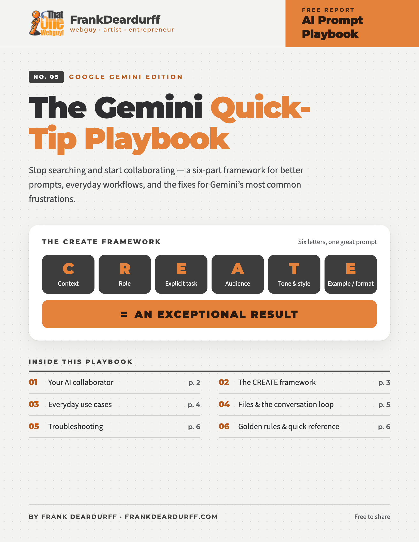 Cover of The Gemini Quick-Tip Playbook, a free PDF guide by Frank Deardurff