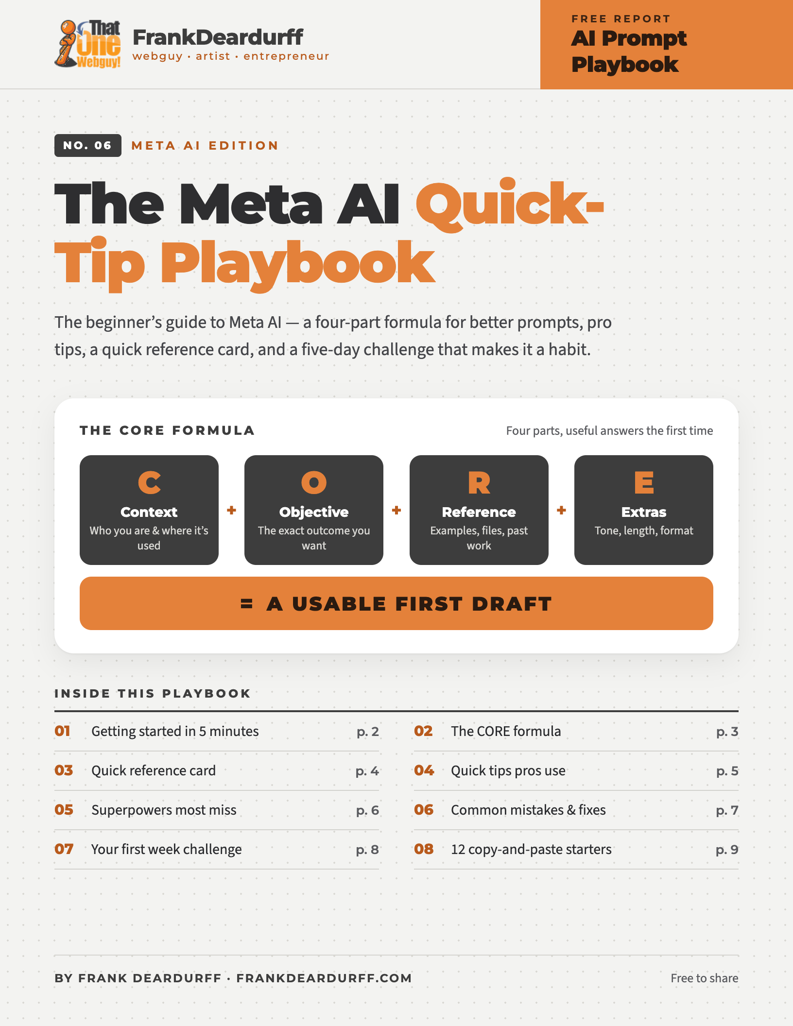 Cover of The Meta AI Quick-Tip Playbook, a free PDF guide by Frank Deardurff
